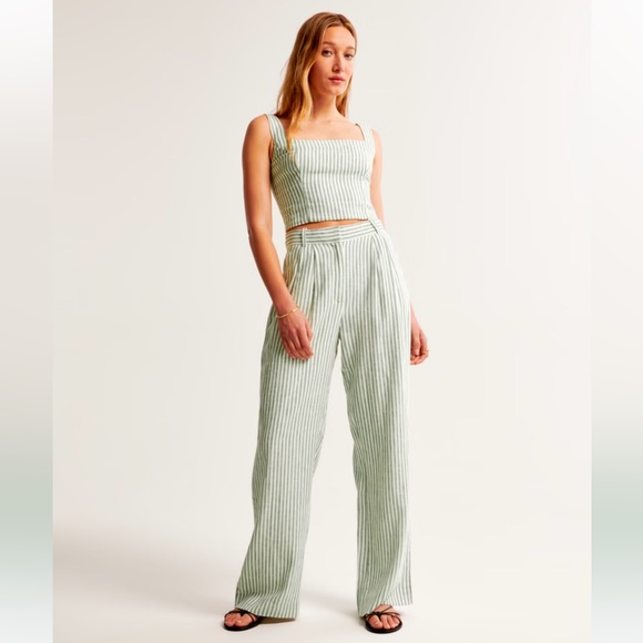 Abercrombie Sloane Tailored Green & White Linen Blend Pants - Picture 2 of 5
